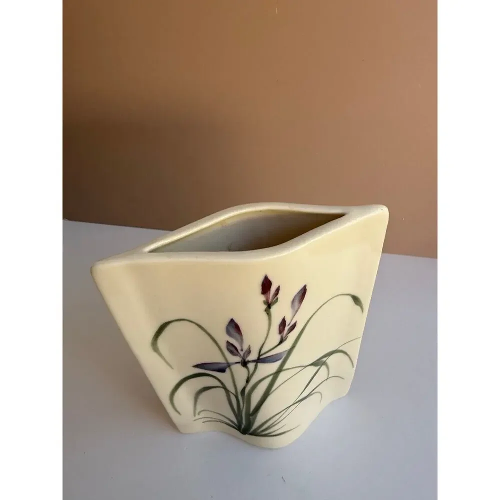 Signed Studio Pottery Vase | Purple Iris Art  Hand Painted Floral Vase Botanical